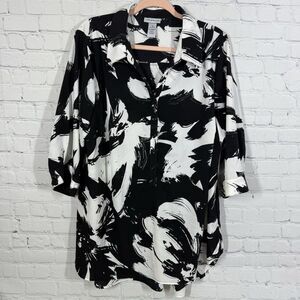 Catherines Tunic Blouse Women Plus 1X Black White Roll Tab Sleeve Abstract Artsy